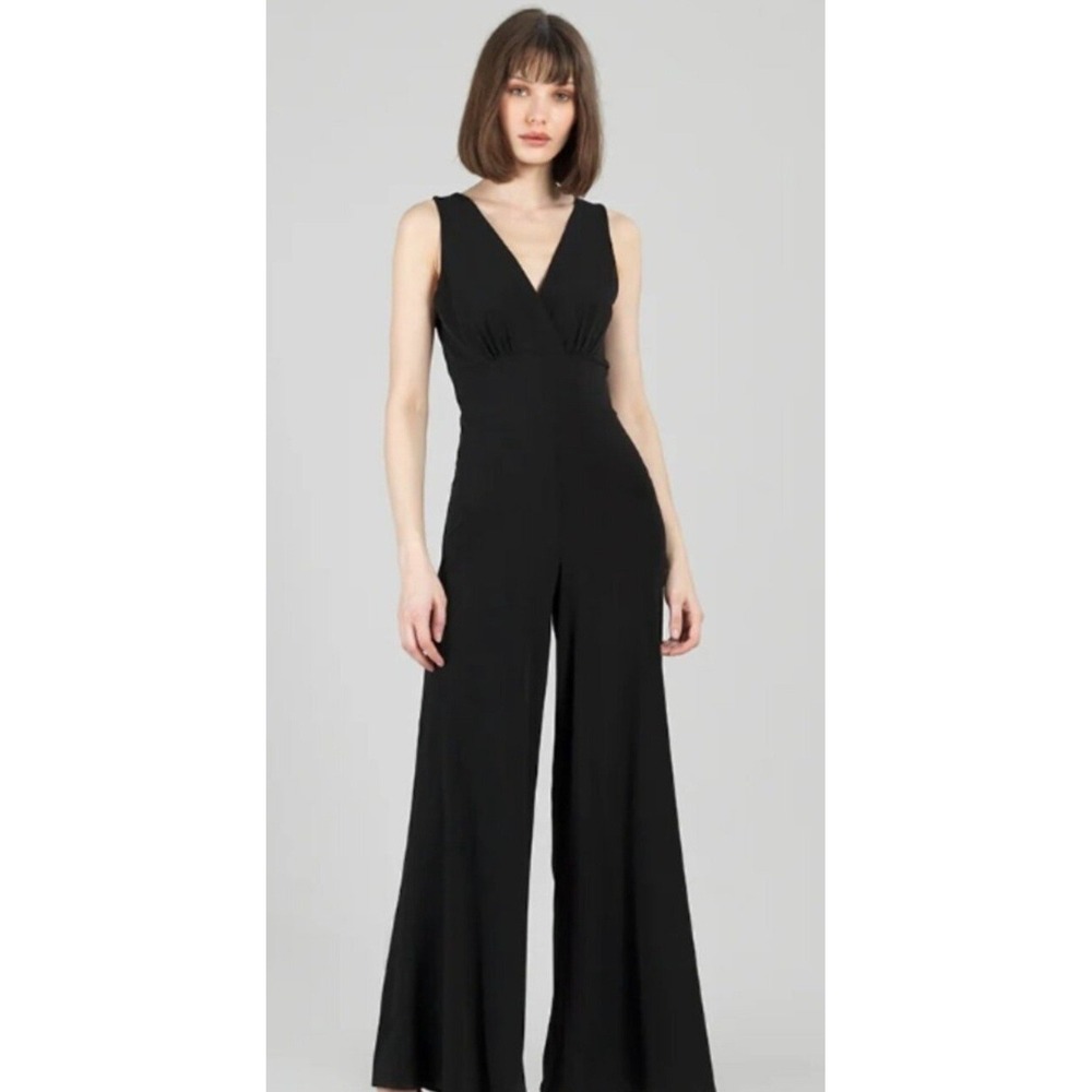 Clara Sun Woo Jumpsuit Womens L Black Excellent Wide Leg Surplice V-Neck